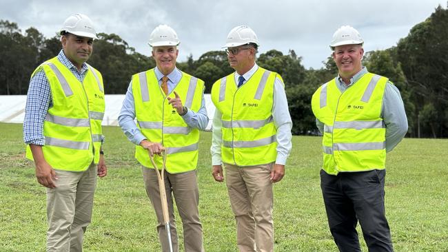 Sod turning at Coffs NSW TAFE campus in March 2024 (L-R) Mr Gurmesh Singh, Member for Coffs Harbour, The Hon Steve Whan, Minister for Skills, TAFE and Tertiary Education, Mr Paul Amos, Coffs Harbour Mayor and Mr Jason Darney, TAFE NSW Executive Director, Education and Skills