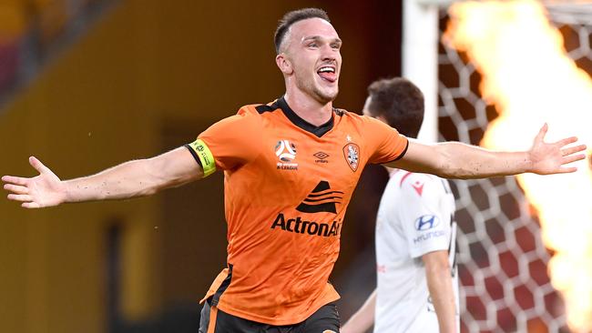 Thomas Aldred celebrates his goal, which proved to be the winner, against Adelaide United. Picture: Getty Images