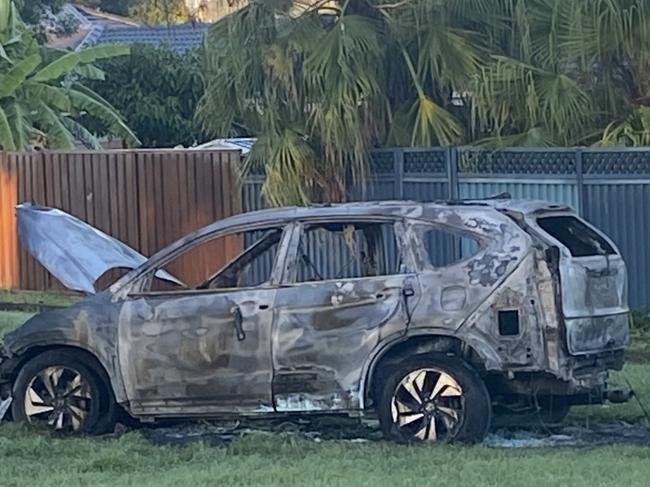 **NB: Supplied and verified by Josh Hanrahan** Westmead kidnapping - a burnt out car found dumped after a man was kidnapped at Westmead overnight. Picture: Supplied