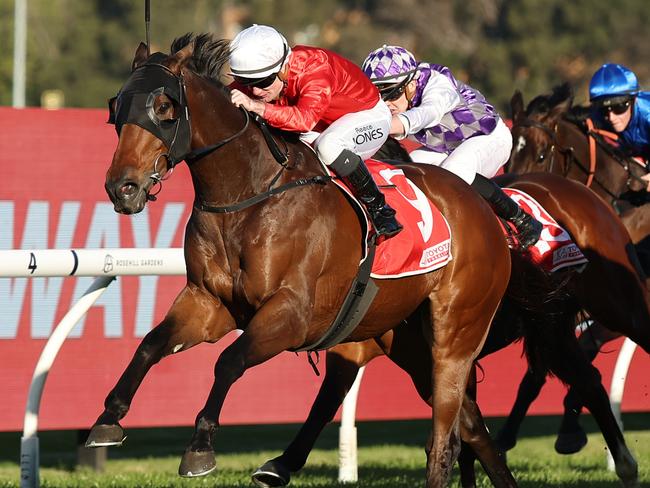 SYDNEY, AUSTRALIA - JULY 20: Reece Jones riding Jojo Was A Man wins Race 8 Toyota Forklifts Winter Challenge during "Winter Challenge Day" - Sydney Racing at Rosehill Gardens on July 20, 2024 in Sydney, Australia. (Photo by Jeremy Ng/Getty Images)