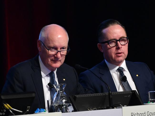 Chairman Richard Goyder and CEO of the Australian airline Qantas Alan Joyce are seen during the 2019 QANTAS Annual General Meeting (AGM) in Adelaide, Friday, October 25, 2019. (AAP Image/David Mariuz) NO ARCHIVING