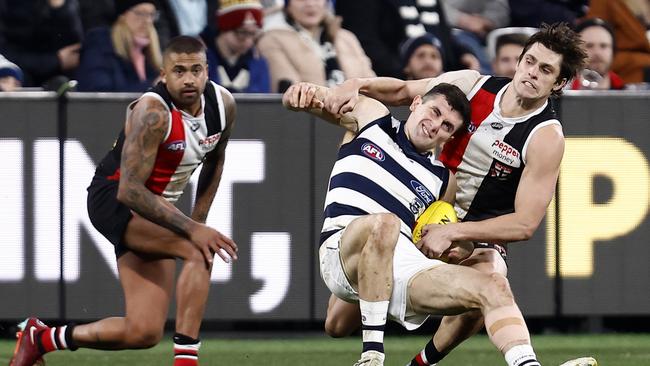 St Kilda skipper Jack Steele tackles Mark O'Connor. Picture: Darrian Traynor/Getty Images