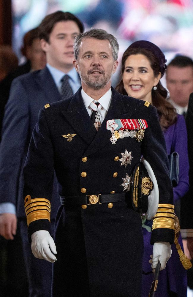 King Frederik X, Queen Mary of Denmark and Crown Prince Christian of Denmark arrive for a church service on the occasion of the change of throne. Picture: AFP