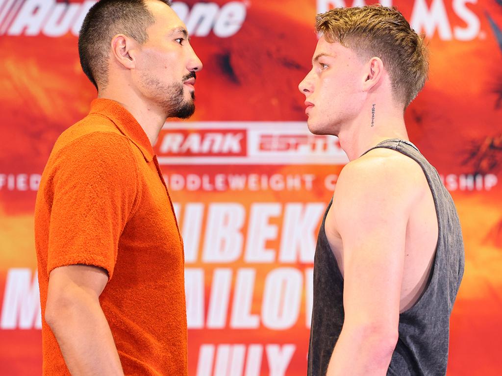 Janibek Alimkhanuly (L) and Andrei Mikhailovich (R) were preparing to go face-to-face. Picture: Top Rank/Mikey Williams