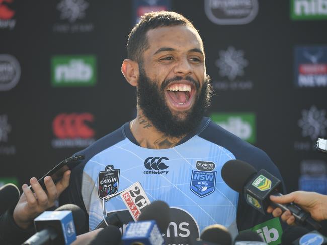 NSW Blues player Josh Ado-Carr shares a joke. Picture: AAP Image/David Moir