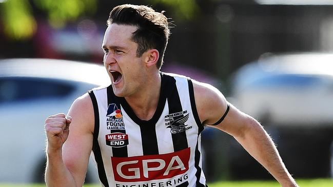 Alex Forster celebrates a goal for the Falcons in 2019. Picture: AAP/Mark Brake