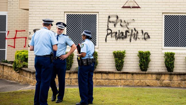 Police on scene at Southern Sydney Synagogue which was vandalised with anti-Sematic graffiti overnight. Picture: Tom Parrish