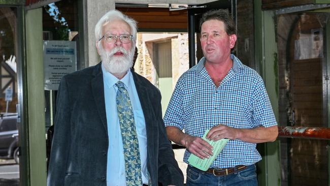Horse trainer Anthony Thomas, right, leaves Mt Barker Courthouse with his lawyer Jacob van Dissel where he is facing animal cruelty charges. Picture: Brenton Edwards