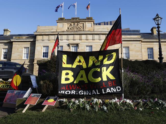 Members and supporters of the Tasmanian Aboriginal community have begun a camp out on parliament lawns to push for a treaty.  Picture: Nikki Davis-Jones