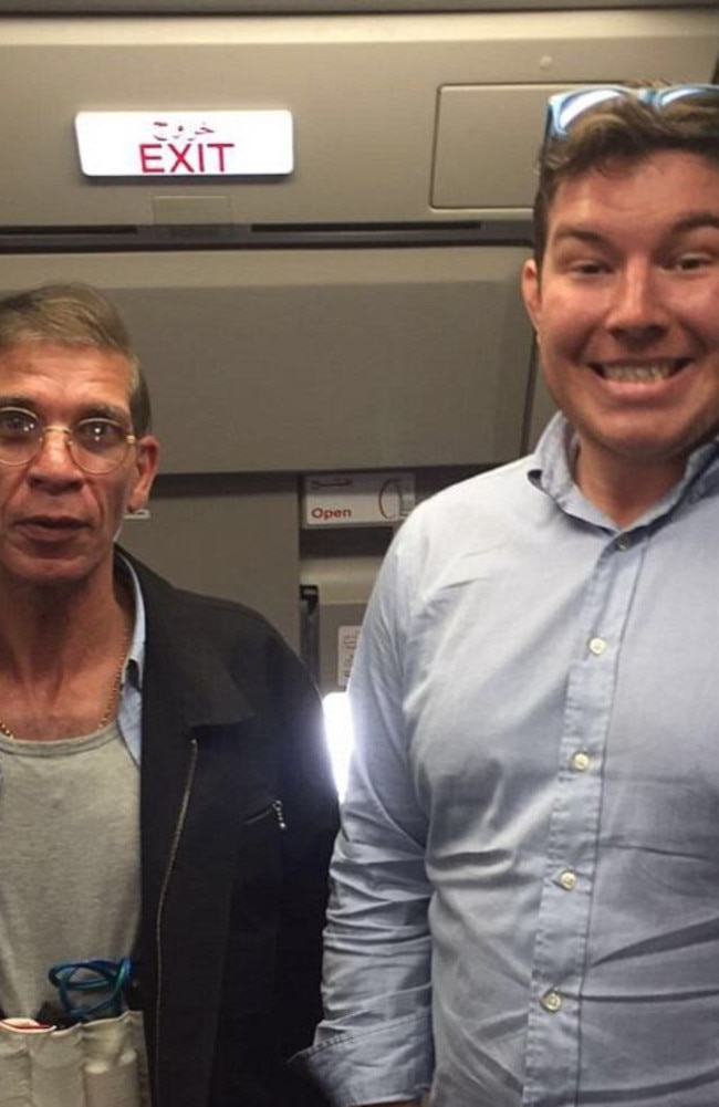 Ben Innes' photo with Seif Eldin Mustafa wearing his fake suicide belt on the hijacked EgyptAir.  Picture:  Supplied