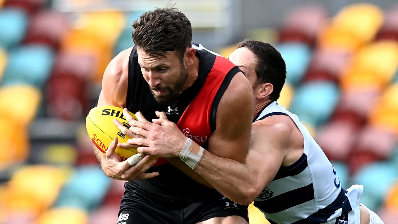 Cale Hooker’s Bombers were thumped in the first half by Geelong. Picture: Bradley Kanaris