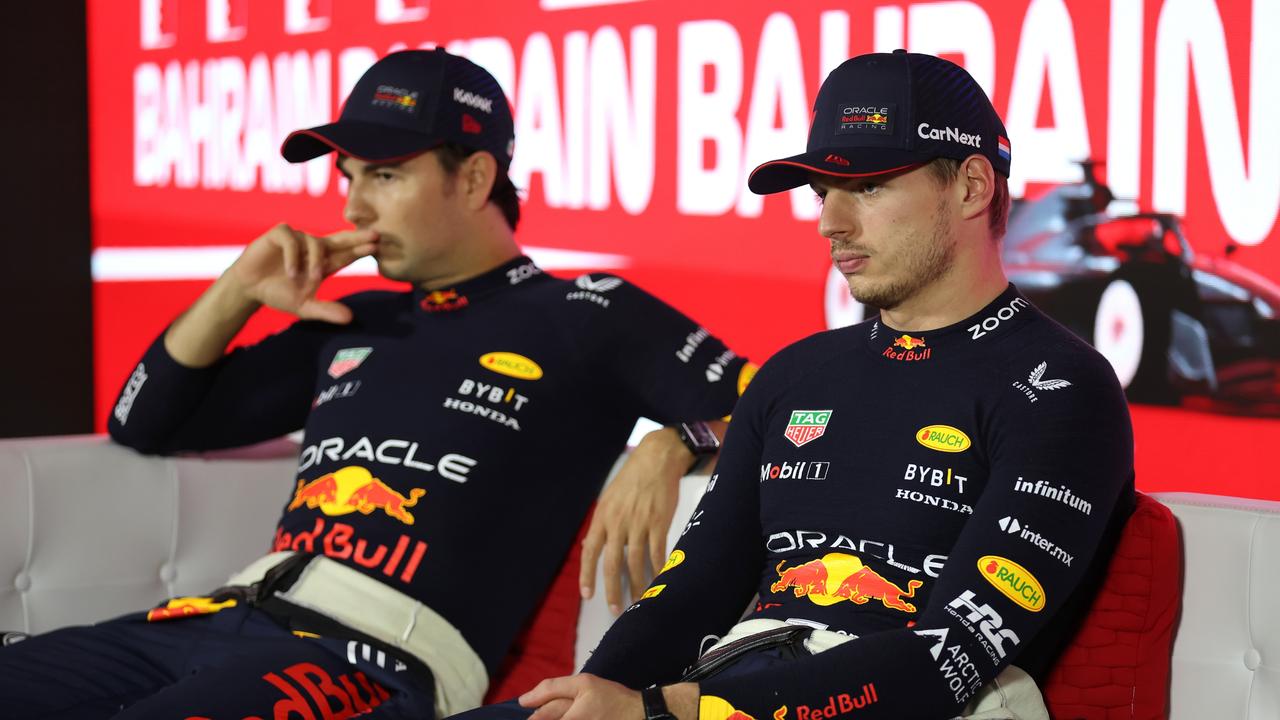 BAHRAIN, BAHRAIN – MARCH 05: Race winner Max Verstappen of the Netherlands and Oracle Red Bull Racing and Second placed Sergio Perez of Mexico and Oracle Red Bull Racing attend the press conference after the F1 Grand Prix of Bahrain at Bahrain International Circuit on March 05, 2023 in Bahrain, Bahrain. (Photo by Lars Baron/Getty Images)