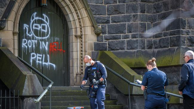 Police investigate after St Patrick’s Cathedral was vandalised. Picture: Jason Edwards