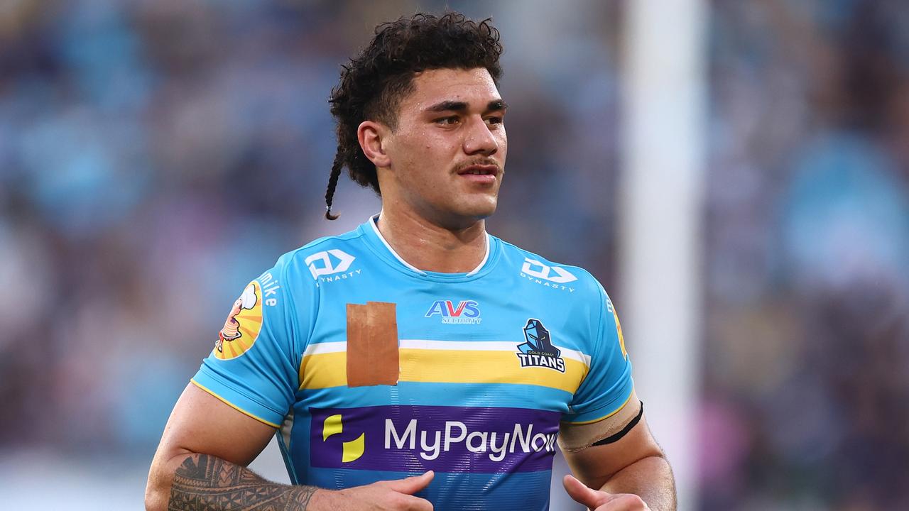 GOLD COAST, AUSTRALIA - JULY 30: Jojo Fifita of the Titans looks on during the round 22 NRL match between Gold Coast Titans and North Queensland Cowboys at Cbus Super Stadium on July 30, 2023 in Gold Coast, Australia. (Photo by Chris Hyde/Getty Images)