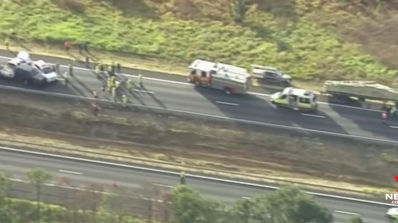 7News Brisbane footage of a horror crash on the Bruce Highway at the Sunshine Coast which sparked massive delays. Picture: 7News Brisbane