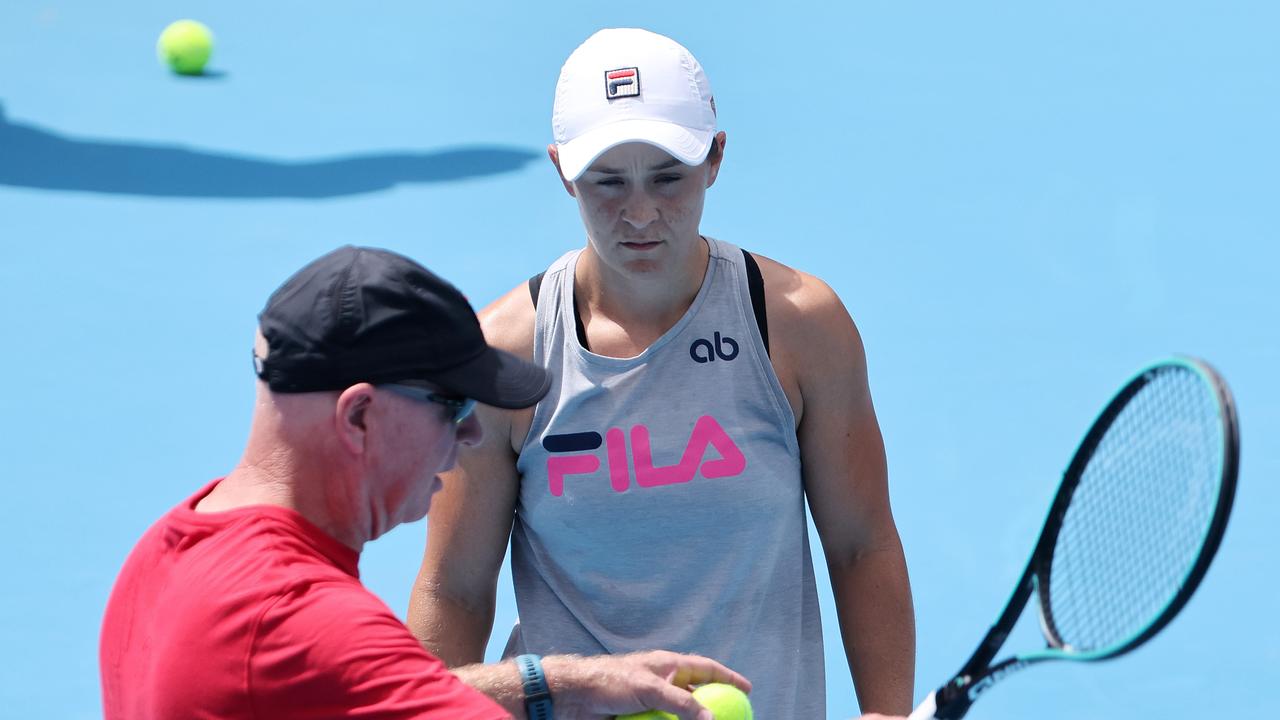 Ash Barty talks with coach Craig Tyzzer during her training session on KIA Arena on Friday.