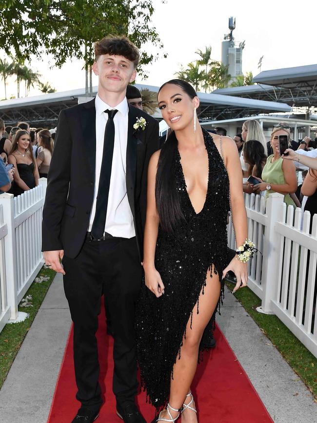 Fletcher Maguire and Chloey Aporo-Pollock at the 2023 Caloundra State High School Year 12 formal. Picture: Patrick Woods.