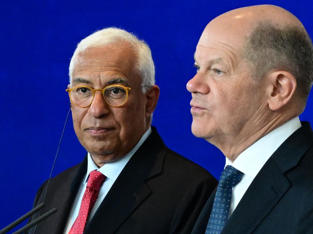 German Chancellor Olaf Scholz and European Council President Antonio Costa announced their tariffs in a joint press conference. Picture: AFP