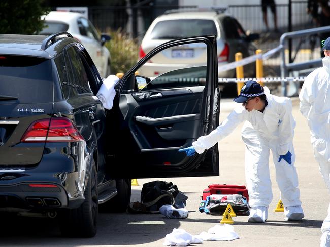 Police investigate the scene of the fatal shooting of former bikie boss Mahmoud 'Mick' Hawi. Picture: Toby Zerna