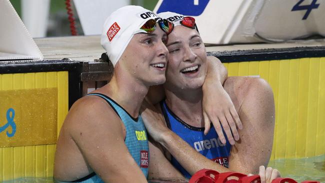 Bronte Campbell, left, and Cate Campbell at the Brisbane Aquatic Centre