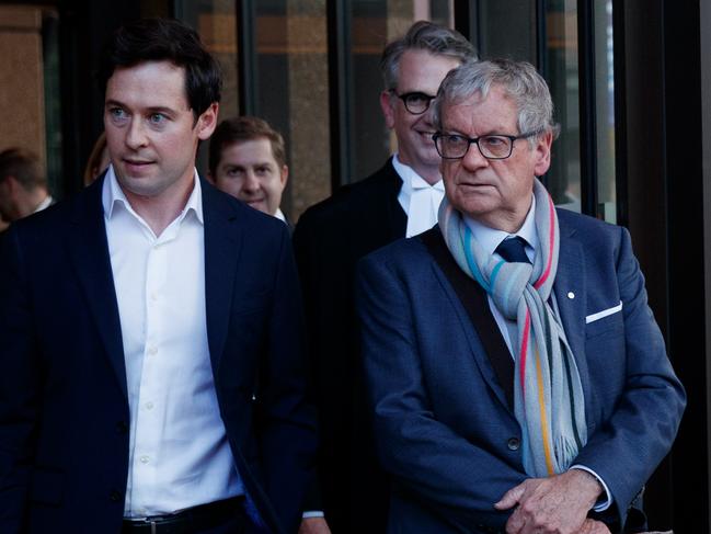 Journalists Nick McKenzie and Chris Masters with Nine’s legal team after the judgment in Ben Roberts-Smith v Nine. Picture: Nikki Short