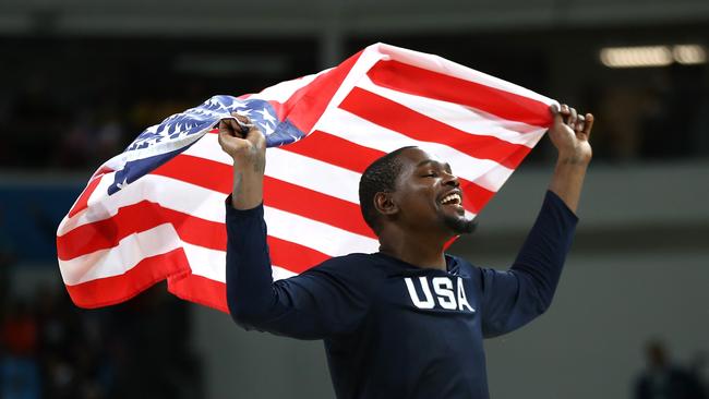 Kevin Durant #5 of United States celebrates after defeating Serbia during the Men's Gold medal game on Day 16 of the Rio 2016 Olympic Games. Picture: Elsa/Getty Images