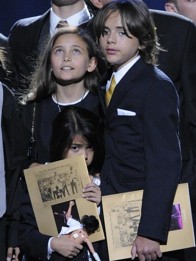 Paris and her brothers Prince and Bigi appear onstage during Michael Jackson’s public memorial service held at Staples Center in 2009. Picture: Mark Terrill-Pool/Getty Images