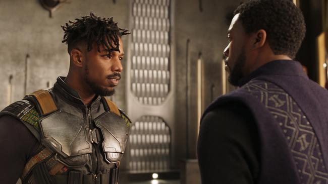 Michael B. Jordan, left, and Chadwick Boseman in a scene from Black Panther. Picture: Marvel Studios-Disney via AP