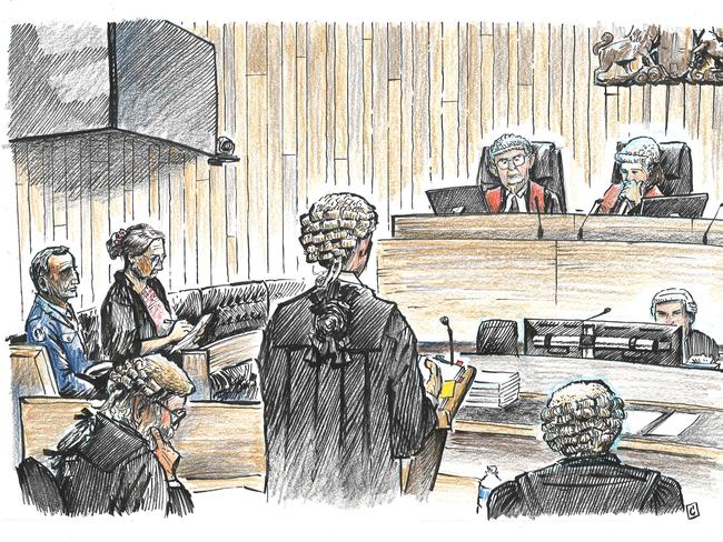 A sketch of Sue Neill-Fraser during her appeal in the Supreme Court of Tasmania in Hobart on March 3, 2021. Credit: Christopher Downes