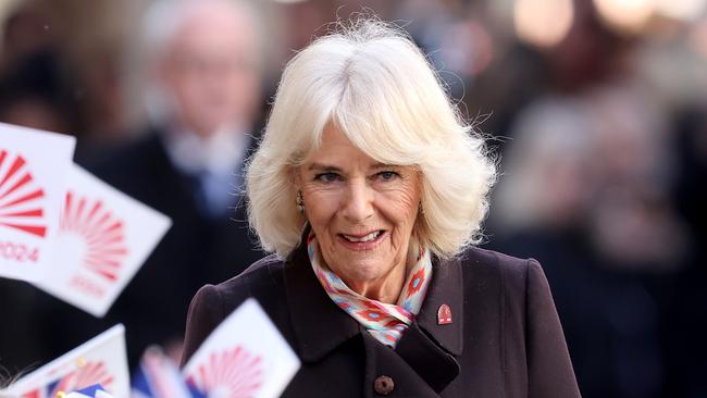 Queen Camilla smiles on Thursday, February 1, as she arrives at Bath Abbey. Picture: Chris Jackson/Getty Images