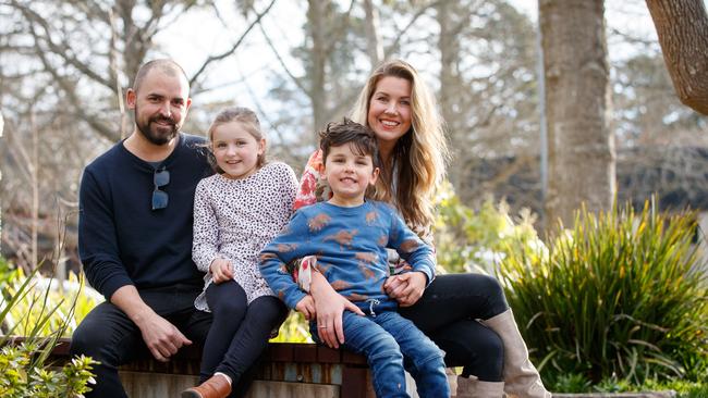 Daniel and Daina Lindsay with their children Maija 7 and Sands 5 in the main street of Stirling on July 31, 2020. Stirling's just done well in the latest valuer generals figures. Picture Matt Turner.