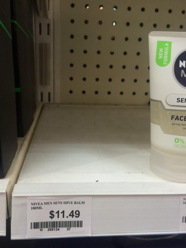 The shelf where the Nivea men's shaving balm would normally sit ...