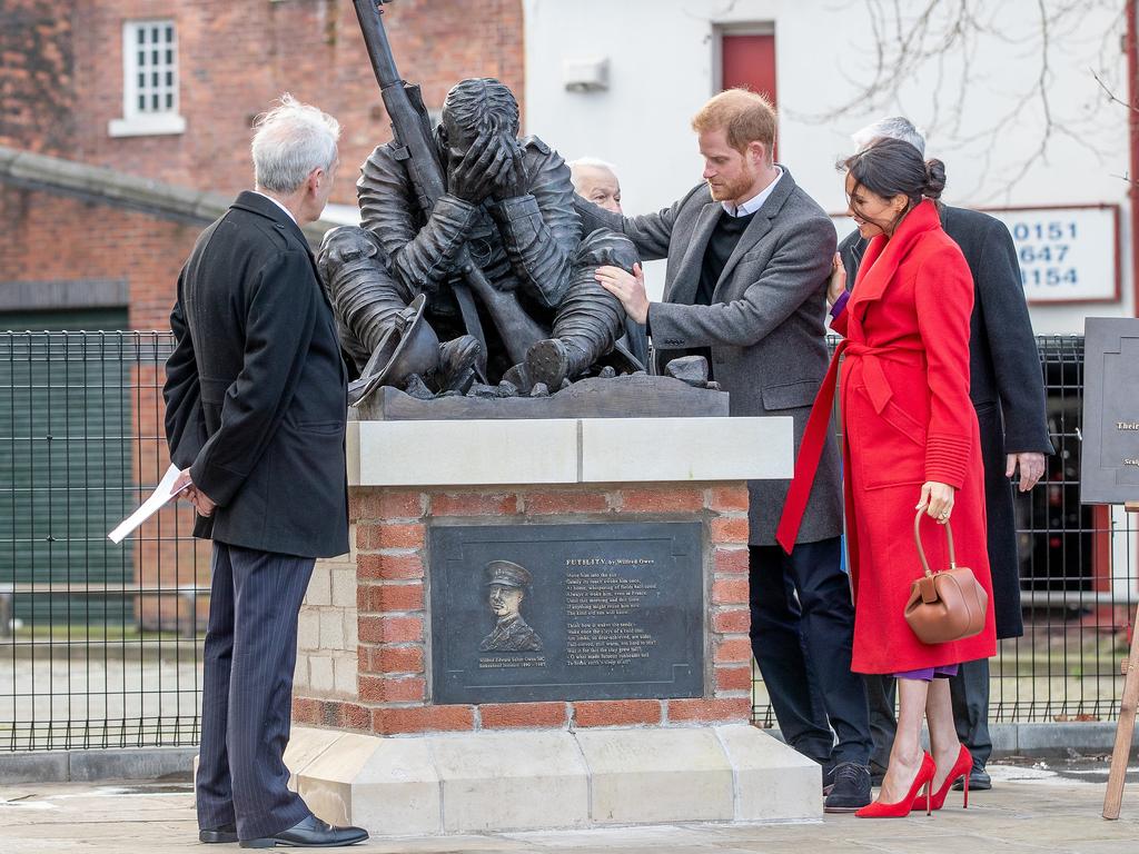 Prince Harry and Meghan Markle visit a new statue to mark the 100th anniversary of the death of poet Wilfred Owen. Picture: Charlotte Graham/Getty