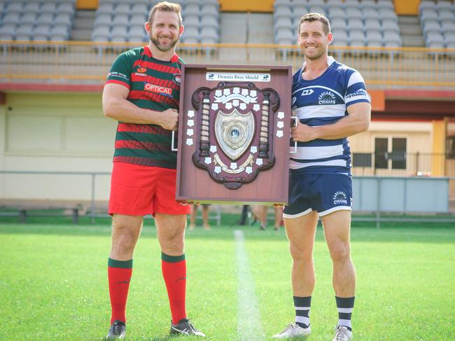 South Darwin's Brad Hunt and Casuarina’s Zach Phillips before the 2020-21 Darwin Rugby Union Grand Final. Picture: Glenn Campbell