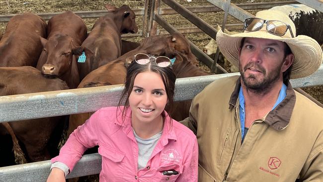 Chloe and Matthew Way from Deniliquin, NSW, sold many pens of cattle at the Wodonga store cattle sale including a pen of Santa Gertrudis steers, 349kg, 12 months, for $1160 or 332c/kg, going to Westside Meats.