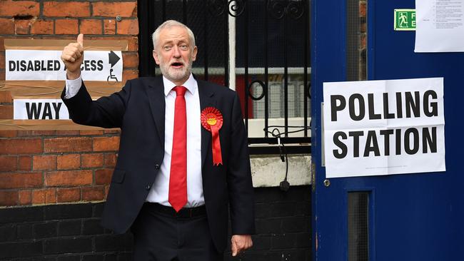 Jeremy Corbyn casts his vote at a polling station at Pakeman Primary School in London. Picture: Getty Images.