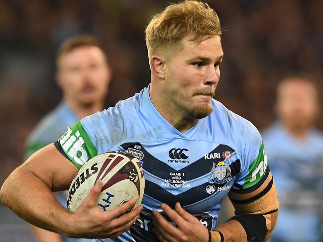 Jack de Belin of the Blues is seen in action during Game 1 of the 2018 State of Origin series at the MCG in Melbourne, Wednesday, June 6, 2018. (AAP Image/Julian Smith) NO ARCHIVING, EDITORIAL USE ONLY