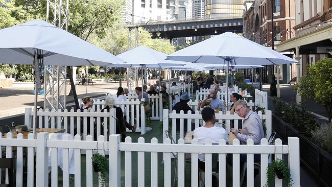 Alfresco dining on the closed section of George St at the Fortune Of War in The Rocks. Picture: Jonathan Ng