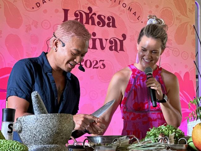 Celebrity chef Khanh Ong and MC Amy Hetherington at the 2023 Darwin International Laksa Festival. Picture: Annabel Bowles