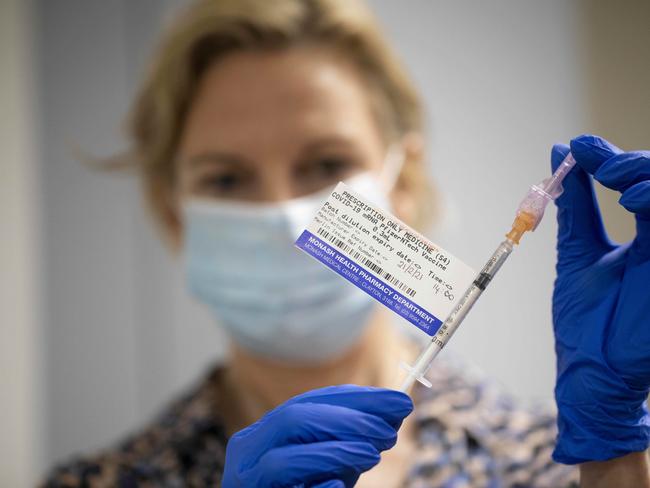 Sunday 21st February 2021.  The Australian. Head of Monash Health, Rhonda Stuart with the Pfizer Covid-19 Vaccine as it arrives at Monash Medical Centre, Melbourne Victoria, Australia.Photograph by Arsineh Houspian /The Australian