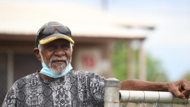 Rockhole residents Uncle Kevin take his first steps outside after a week long hard lockdown. Picture: Amanda Parkinson