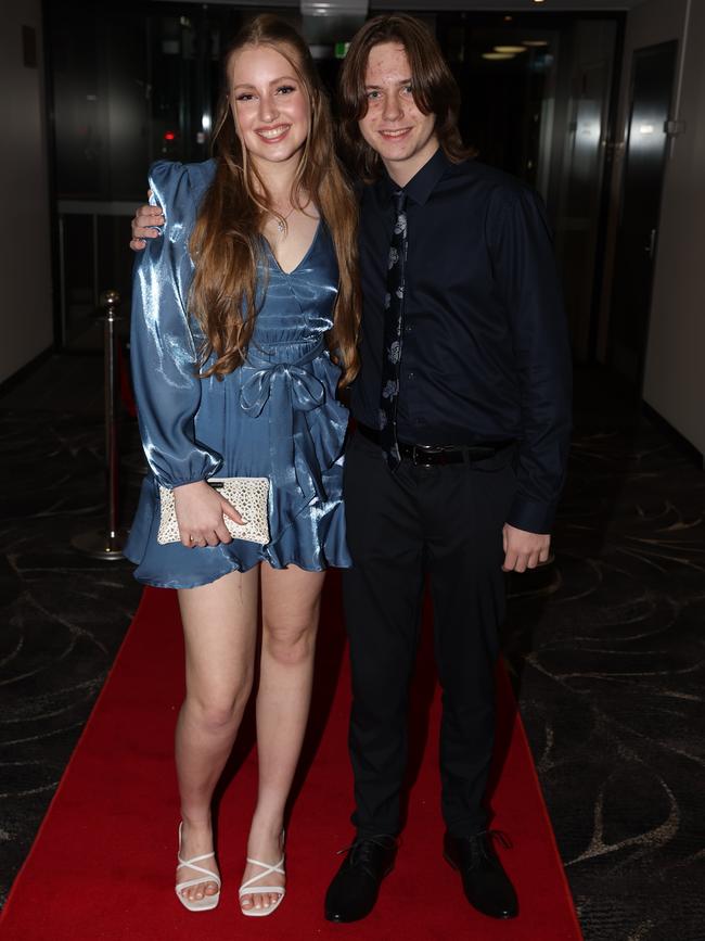 MELBOURNE, AUSTRALIA – JUNE 14 2024 Alyssa Munckhof and Liam Eastick attend the Lowanna College Senior Formal 2024 at the Moe Racing Club Picture: Brendan Beckett