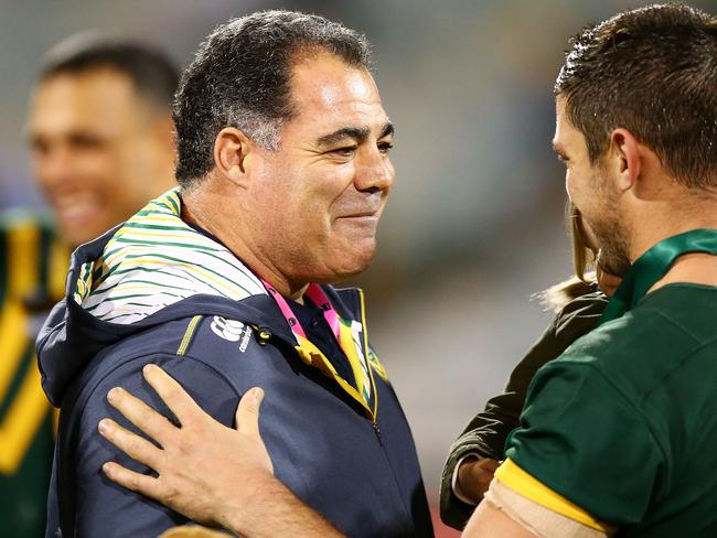 CANBERRA, AUSTRALIA - MAY 05: Kangaroos coach Mal Meninga congratulates man of the match Matt Gillett after the ANZAC Test match between the Australian Kangaroos and the New Zealand Kiwis at GIO Stadium on May 5, 2017 in Canberra, Australia.  (Photo by Mark Nolan/Getty Images)