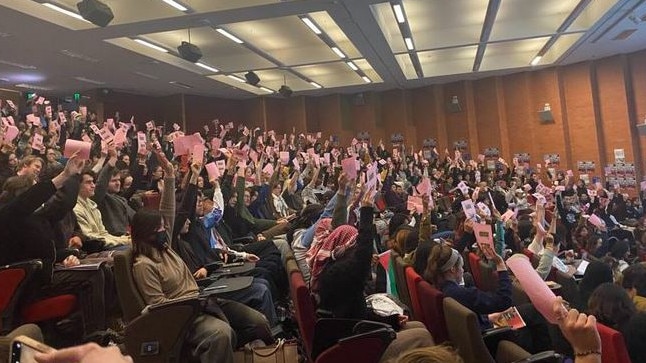 Students at the University of Sydney held a general meeting to pass a motion supporting Hamas’ “armed resistance” against Israel. They explicitly voted down a motion condemning October 7 and labelling Hamas a terror group. Picture: Twitter/X