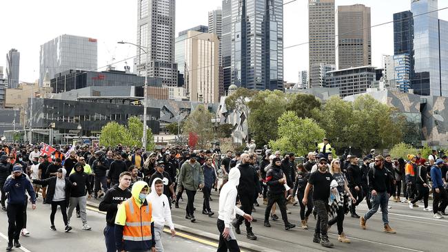 The crowd marches down St Kilda Rd to the Shrine. Picture: Getty Images