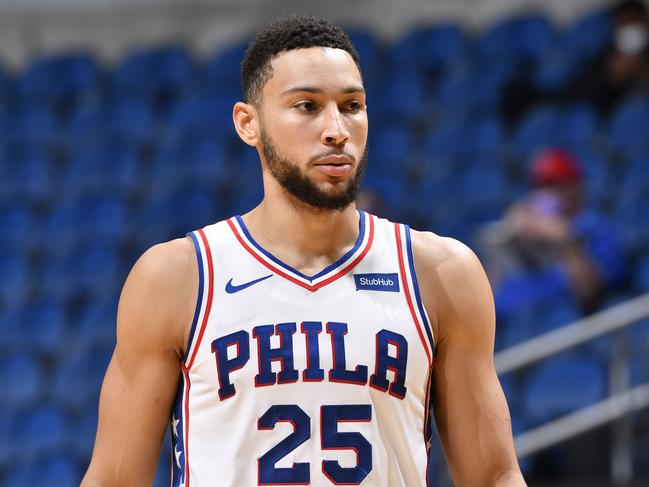 Ben Simmons of the Philadelphia 76ers looks on during the game against the Orlando Magic on December 31, 2020 at Amway Center in Orlando, Florida. NOTE TO USER: User expressly acknowledges and agrees that, by downloading and or using this photograph, User is consenting to the terms and conditions of the Getty Images License Agreement. Mandatory Copyright Notice: Copyright 2020 NBAE (Photo by Fernando Medina/NBAE via Getty Images)