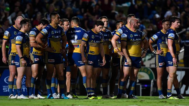 Eels players watch on after a Cowboys try. Picture: Getty Images