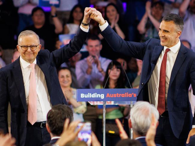 Prime Minister Anthony Albanese at a campaign rally with South Australian Premier Peter Malinauskas in Adelaide. Picture Matt Turner.