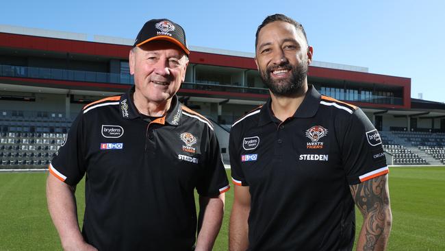 The West Tigers’ coaching team of Tim Sheens and Benji Marshall. Picture: David Swift