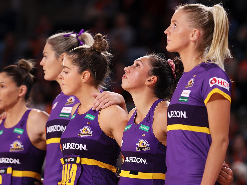 SYDNEY, AUSTRALIA - MAY 16: Jemma Mi Mi of the Firebirds and her team watch on during the welcome to country before the round three Super Netball match between GWS Giants and Queensland Firebirds at Ken Rosewall Arena, on May 16, 2021, in Sydney, Australia. (Photo by Mark Kolbe/Getty Images)